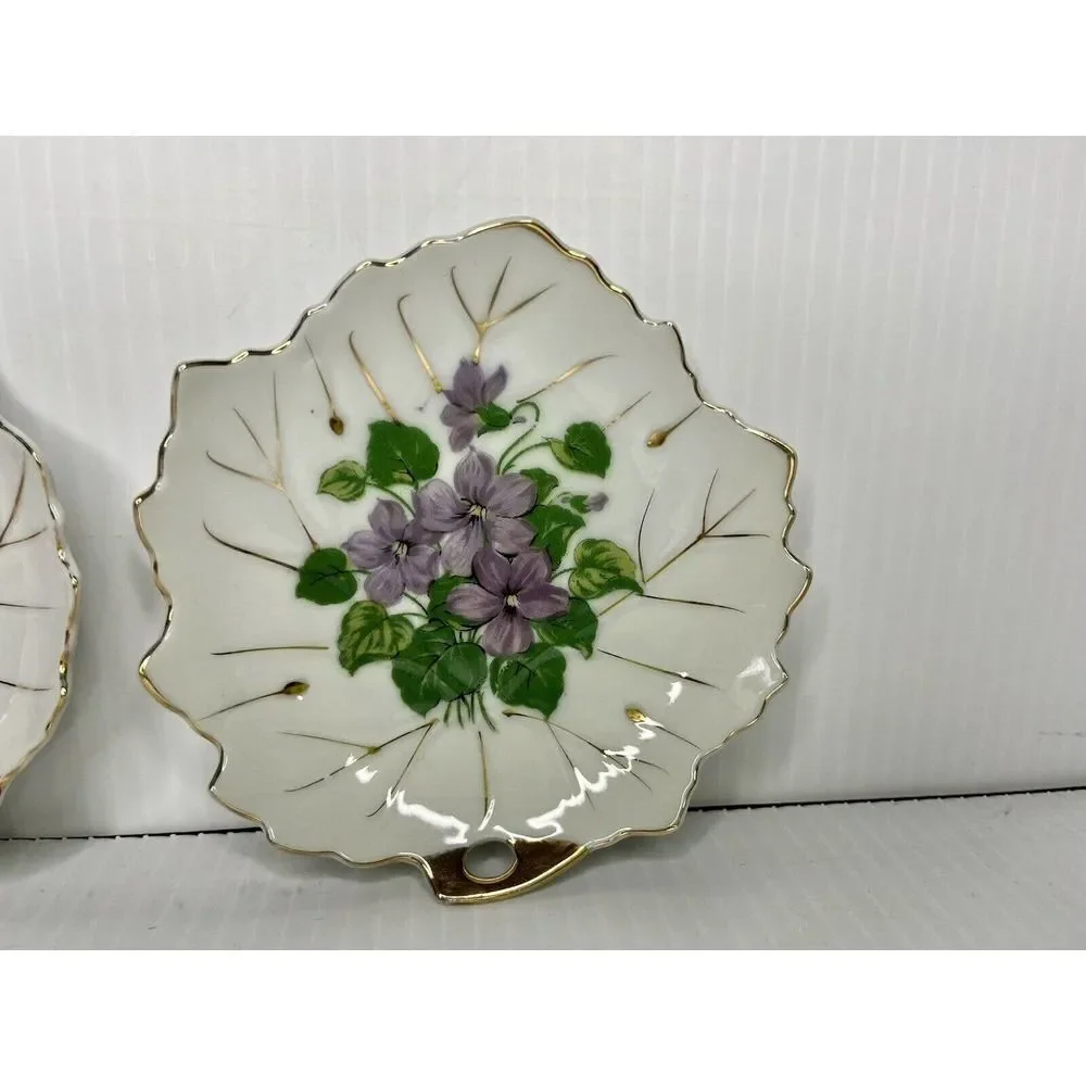 2 Vintage Nasco Japan violet Floral Trinket Dish Leaf Shape 5